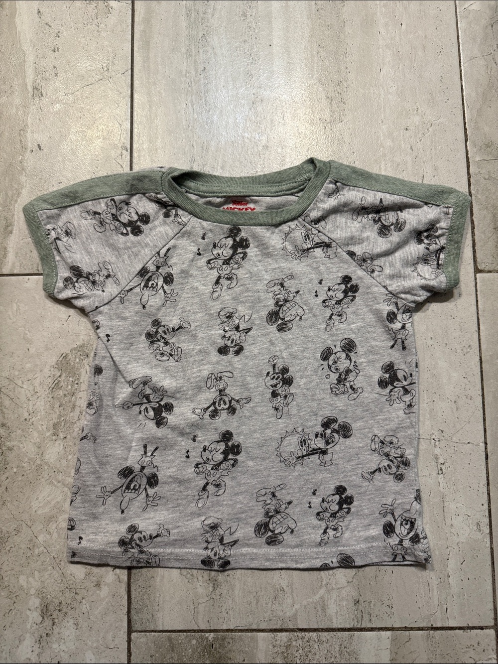 Disney Gray Tee with Black Mickey Print and Green Trim